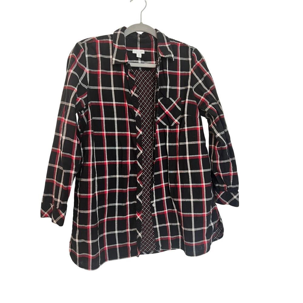 J Jill Large Double Faced Black/Red Plaid Button Up Tunic Pockets Medium Petite
